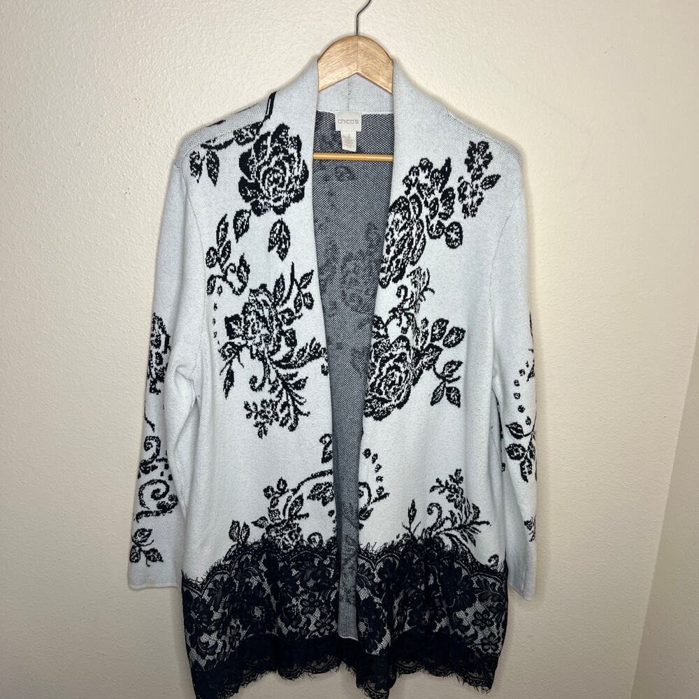 Chico's Womens Black Cream Long Open Cardigan Lace Hem 3